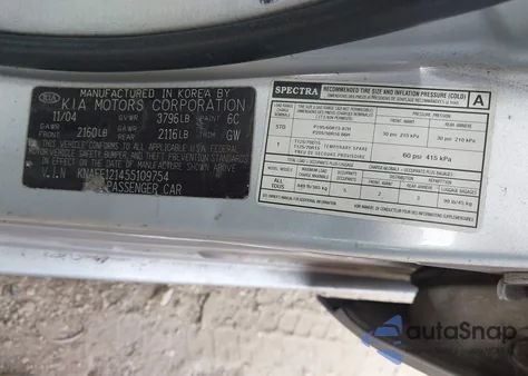 2005 Kia Spectra Ex/Lx/Sx from USA, damaged, VIN KNAFE121455109754